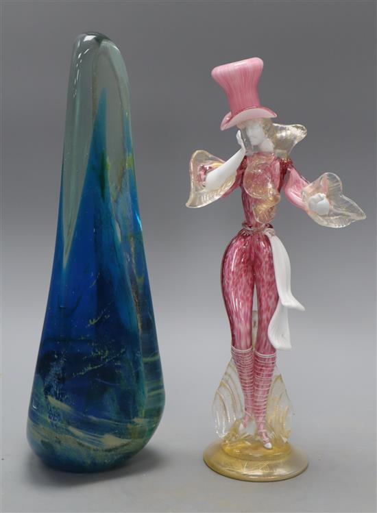 A Murano glass lady and a piece of Bristol blue abstract glassware, height 32cm